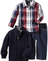 Nautica Sportswear Kids Baby-Boys Infant 3 Piece 1/4 Zip Long Sleeve Woven Shirt And Denim Pant Sweater Set, Sport Navy, 24 Months