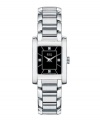 Subtle sophistication - a darling watch from ESQ by Movado. Stainless steel bracelet and rectangular case, 21mm. Black dial features 4 diamond accent markers at three, six, nine and twelve o'clock, two silver-tone hands and logo. Swiss quartz movement. Water resistant to 30 meters. Two-year limited warranty.