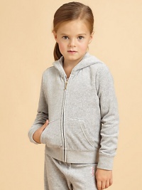 Way beyond basic, the essential hoodie in soft, plush velour shimmers and shines on the back with lavish metallic embroidery and tiny studs.Attached hoodZip front with J pullLong sleeves with ribbed cuffsRibbed waistSplit kangaroo pocketBack embroideryCotton/polyesterMachine washImported