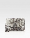 Soft metallic leather takes on a python print for a compact, trend-worthy look. Detachable chain shoulder strap, 10½ dropFlap with turn-lock closureBack open pocketOne inside zip pocketTwo inside open pocketsCotton lining11W X 7H X ¾DImported