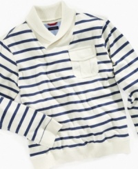 Tommy Hilfiger quotes some classic details-nautical stripes, shawl collar, chest pocket-but still finds something new to say in this boys' pullover shirt.