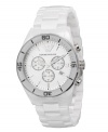 Emporio Armani adds a unique glass bezel to this gleaming ceramic design. Watch crafted of white ceramic bracelet and round case. Glass bezel with black numerals and stick indices. White horizontally striped chronograph dial features silver tone stick indices, numerals at three and nine o'clock, date window at four o'clock, three subdials, logo and three hands. Quartz movement. Water resistant to 50 meters. Two-year limited warranty.