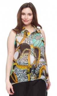 (24528XR-Aqua-1X) Classic Designs PLUS SIZE Status Print Sleeveless Button Down Georgette Tunic Top in Aqua Size: 1X