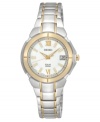 Enduring style and solar power make this Seiko watch a lifetime favorite. Brushed and polished two-tone stainless steel bracelet and round case, 28mm. White dial features applied gold tone Roman numerals at twelve and six o'clock, stick indices, minute track, date window at three o'clock, LumiBrite hands and logo. Solar-powered quartz movement. Water resistant to 100 meters. Three-year limited warranty.