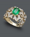 Set the trends with this unique statement ring by Effy Collection. A brilliant emerald gemstone (1-3/8 ct. t.w.) will turn heads amongst a swirling pattern dusted with round-cut diamonds (1/3 ct. t.w.). Set in 14k gold.