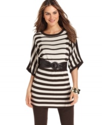 This sweater from NY Collection features a chic stripe pattern, soft tunic silhouette and a waist-defining removable belt.