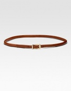 Rich skinny leather strip with goldtone hardware is the perfect waist-cinching accessory.About ½ wide Cow leather Imported 