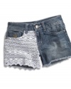 GUESS Kids Girls Big Girls Denim Shorts W/ Crochet Lace, MEDIUM STONE (16)