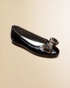 Shiny patent leather flats are adorned with a shimmery bow for pretty little feet.Slip-onPatent leather upperPolyurethane liningRubber solePadded insoleImported