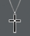 A bold statement of faith, this men's stainless steel cross pendant features a black enamel pattern with a diamond accent. Cross necklace featured on curb chain. Approximate length: 24 inches. Approximate drop: 1-1/2 inches.