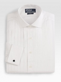 A luxurious, trim-fitting dress shirt is tailored in exquisite 120s-quality two-ply cotton poplin and finished with pintucks at the bib. Buttonfront Moderate spread collar Embroidered logo detail French cuffs Cotton Machine wash Imported 