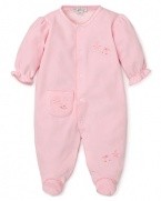 This super-soft velour footie snuggles her with adorable details, from the floral embroidery to the ruffled cuffs and single pocket embroidered with a ballet shoe. (Tuck her binkie in it!)