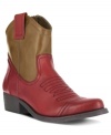 Cowboy boots get in on the colorblocked trend. The Jazlynn cowboy booties are made of a warm red leather with a tan shaft. Stitching along the vamp makes the look authentic.