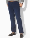 Classic-fitting pants tailored in fine woven cotton, designed with a flat front, narrow leg and washed for a vintage, timeworn appeal. Standard-rise belted waist. Angled hand pockets, split-besom pockets at back. Embroidered pony accents the back right pocket. Zip fly with button closure.