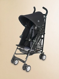 An all purpose, stylish and lightweight buggy with a high-performance aluminum frame and carry handle for easy storage and portability.Five second one-hand compact umbrella foldWeighs about 12 poundsMultiple seat position reclineRemovable, washable padded seatHandy mesh shopping basketExtendable leg restHandy mesh shopping basketReinforced chassisFive-point safety harnessFoot-operated brakesAccommodates children 6 months and older