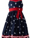 Jayne Copeland Girls 7-16 Sailboat Print Dress With Stripes, Navy, 7