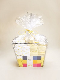 Lots and lots of little quackers appear all over this set of great essentials for baby. Packaged in reusable cellophane-wrapped metal and vinyl basket.