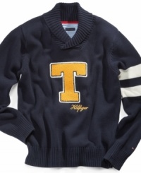 A cozy knitted creation. Tommy Hilfiger's varsity-inspired sweater will add major points to your little guy's style game.