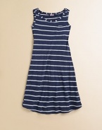 Eye-catching, nautical-inspired stripes embellish this cozy knit frock for your little sailor.BoatneckSleevelessPullover stylePatch pocketRounded hem39% supima cotton/39% micro modal/22% polyesterMachine washImported