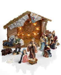 Shed light on the true meaning of the season with this elaborate nativity scene from Kurt Adler. Ten white bulbs in the creche illuminate detailed figurines for retelling the story of Christmas.