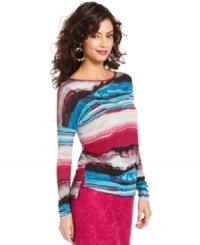 Watercolor stripes add a bold splash of brights to this Kensie top -- perfect for infusing color into your winter wardrobe!