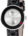 Women's Stainless Steel Dress Silver Tone Dial Black Leather Strap