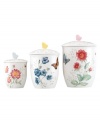 Spring is perpetually in season with whimsical Butterfly Meadow canisters. Colorful blooms and butterflies mingle on glossy white porcelain for three sweet, breezy scenes made to mix and match. A sculpted butterfly comes in for a landing on each lid for extra cheer.