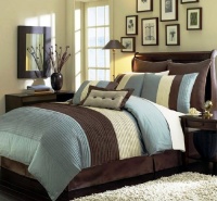 6pcs Blue Beige Brown Luxury Stripe Comforter Bed-in-a-bag Set Twin Size Bedding