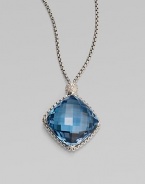 From the Cushion on Point Collection. A box-link chain of sterling silver proudly holds a faceted cushion of Hampton blue topaz, connected by a shimmering pavé diamond bead. Blue topaz Diamonds, 0.17 tcw Sterling silver Chain length, about 17 Pendant, about ¾ square Lobster clasp Made in USA