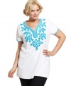 Vibrant embroidery illuminates Style&co.'s short sleeve plus size top-- it's perfect for the weekends!