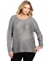 DKNYC Women's Sequin Long Sleeve Pullover, Silver, 2X