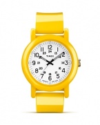 A simple deign based on vintage style, this round faced watch from Timex is updated with modern features and a yellow strap.