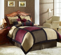 7 Pieces Brown, Burgundy, and Black Micro Suede Patchwork Comforter Set / Bed-in-a-bag Full or Double Size