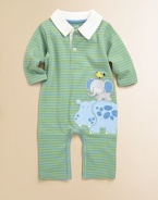 This adorable romper is rendered in plush cotton and adorned with friendly animal appliqués.Pointed collarLong sleevesFront button placketBottom snapsCottonMachine washImported Please note: Number of buttons and snaps may vary depending on size ordered. 