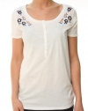 Lucky Brand Women's Embroidered Half Button Down SS Blouse White