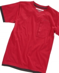 Update his t-shirt stash with Sean John's v-neck tee featuring a horizontal pocket and contrast trim.