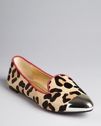 Channel a leisurely look in leopard calf hair smoking flats. The capped toe and contrast piping adds of-the-moment edge. By Enzo Angiolini.