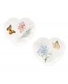 The whimsical butterflies and blooms of Butterfly Meadow dinnerware grace these darling heart-shaped party plates, an irresistible way to serve hors devours and dessert.