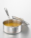 This 3-quart covered saucepan offers superb heat conductivity and distribution. You won't get hot spots, so food cooks evenly. Stainless steel exterior layer with a band of copper for accent. The pan has a copper core surrounded by two layers of aluminum and a stainless steel cooking surface. Polished stainless steel handles stay cool during cooking and are secured with sturdy, non-corrosive rivets. Stainless steel lid fits flush to pan so you can seal in the food's flavor. Hand wash, as dishwasher use will deteriorate the pan's exterior beauty.