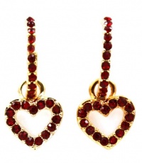 Small Crystal Half Hoop With Dangling Dark Red Crystal Open Heart Charm Earrings