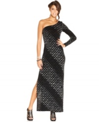 Jump's sparkly one-shoulder maxi dress is jazzed up with a fun geometric print, a flirty front slit, and an elegant single long-sleeve design!