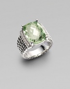 From the Wheaton Collection. A faceted cushion of shimmering prasiolite, edged by rows of diamonds, in a wide cable band of sterling silver. Prasiolite Diamonds, 0.16 tcw Sterling silver Length, about ½ Made in USA