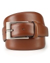 Style squared: this up-to-date belt features a glossy square buckle on rich brown leather.