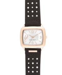 Rosy hues meet dark tones in this eye-catching watch from Nine West. Crafted of black perforated leather strap and rounded square rose-gold tone mixed metal case. Silver dial with rose-gold tone numerals at three, six, nine and twelve o'clock, applied stick incides, minute track, hour and minute hands, sweeping second hand and logo at six o'clock. Quartz movement. Limited lifetime warranty.