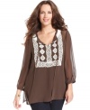 Get chic bohemian style with Charter Club's plus size peasant top, featuring a crochet bib front.