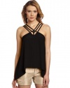 BCBGMAXAZRIA Women's Kasia Strappy Draped Hem Top, Black, Small