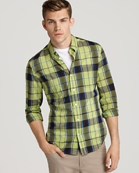 Vince addresses your need for polished yet relaxed designs with a bright plaid sport shirt, cut in a classic fit for easy appeal.