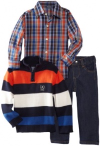 Izod Kids Boys 2-7 Stripe Sweater Plaid Shirt and Jean 3 Piece Set, Sport Navy, 6 Regular