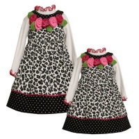 Size-6 BNJ-4554B 2-Piece BLACK WHITE LEOPARD ANIMAL PRINT ROSETTE NECKLINE CORDUROY Girl Jumper Dress Set,B34554 Bonnie Jean LITTLE GIRLS