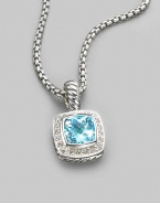 From the Petite Albion Cushion Collection. A softly hued, richly faceted blue topaz, surrounded by pavé diamonds on a chain of sterling silver. Diamonds, 0.20 tcw Blue topaz Sterling silver Chain length, about 17 Pendant width, about ¼ Lobster clasp Made in USA